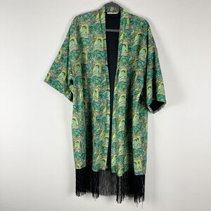 Frida Kahlo Reclaimed Vintage Long Kimono Cardigan Womens Small Fringe Patterned